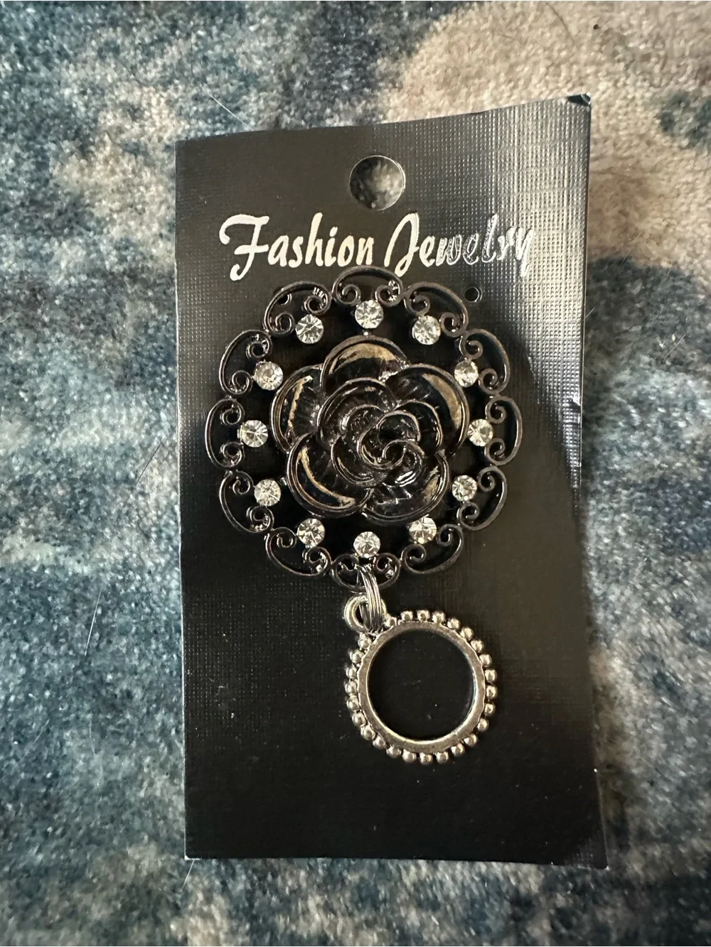 Magnetic Badge Holder Jewelry Black Floral Brooch Clear Stones and Silver Charm